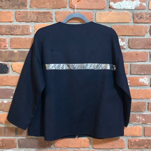 Lafayette 148 Navy Cashmere Wool Blend Silver Striped Jacket Size 10 - Picture 5 of 6